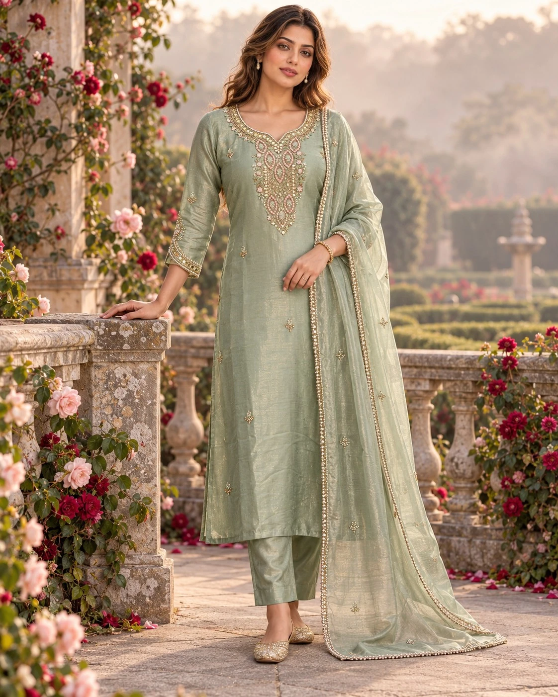 Sage Green Mirror and Pearl Embellished Tissue Kurta Set with Pants and Dupatta