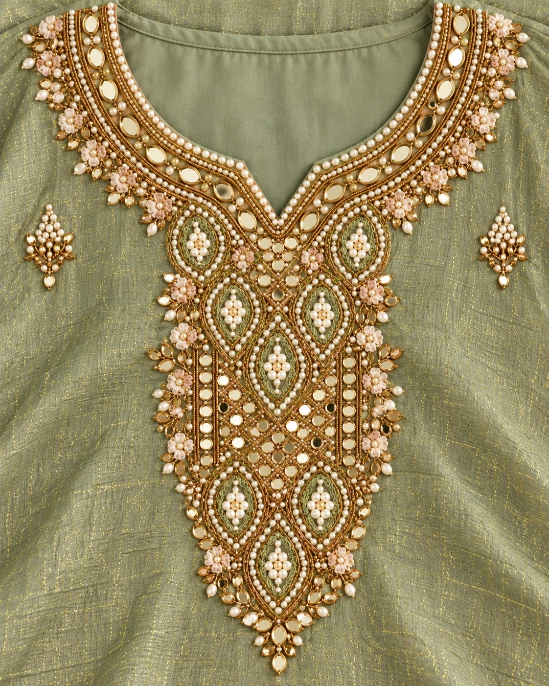 Sage Green Mirror and Pearl Embellished Tissue Kurta Set with Pants and Dupatta — view 8