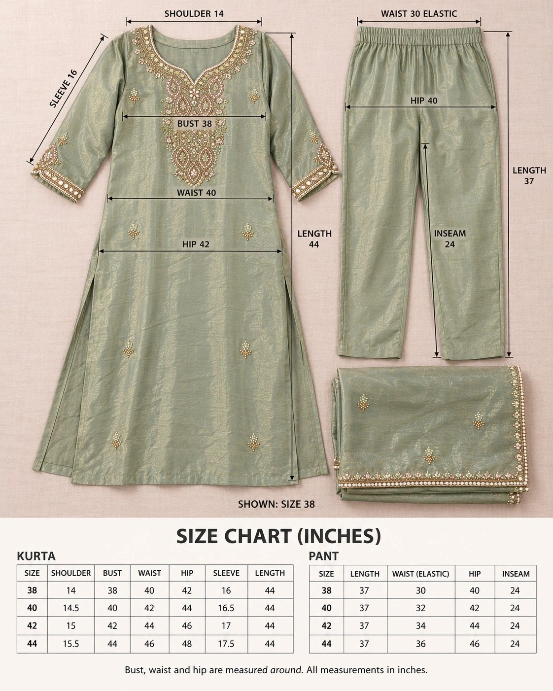 Sage Green Mirror and Pearl Embellished Tissue Kurta Set with Pants and Dupatta — view 7
