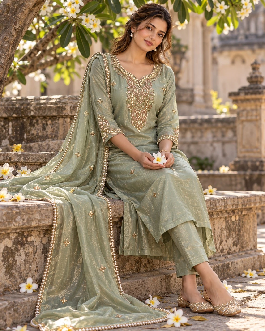 Sage Green Mirror and Pearl Embellished Tissue Kurta Set with Pants and Dupatta — view 4