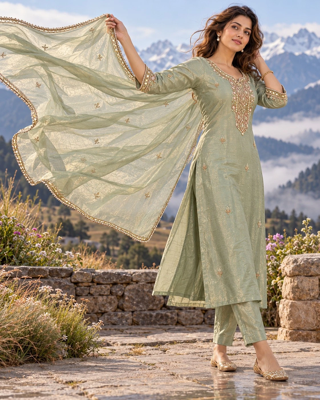 Sage Green Mirror and Pearl Embellished Tissue Kurta Set with Pants and Dupatta — view 6