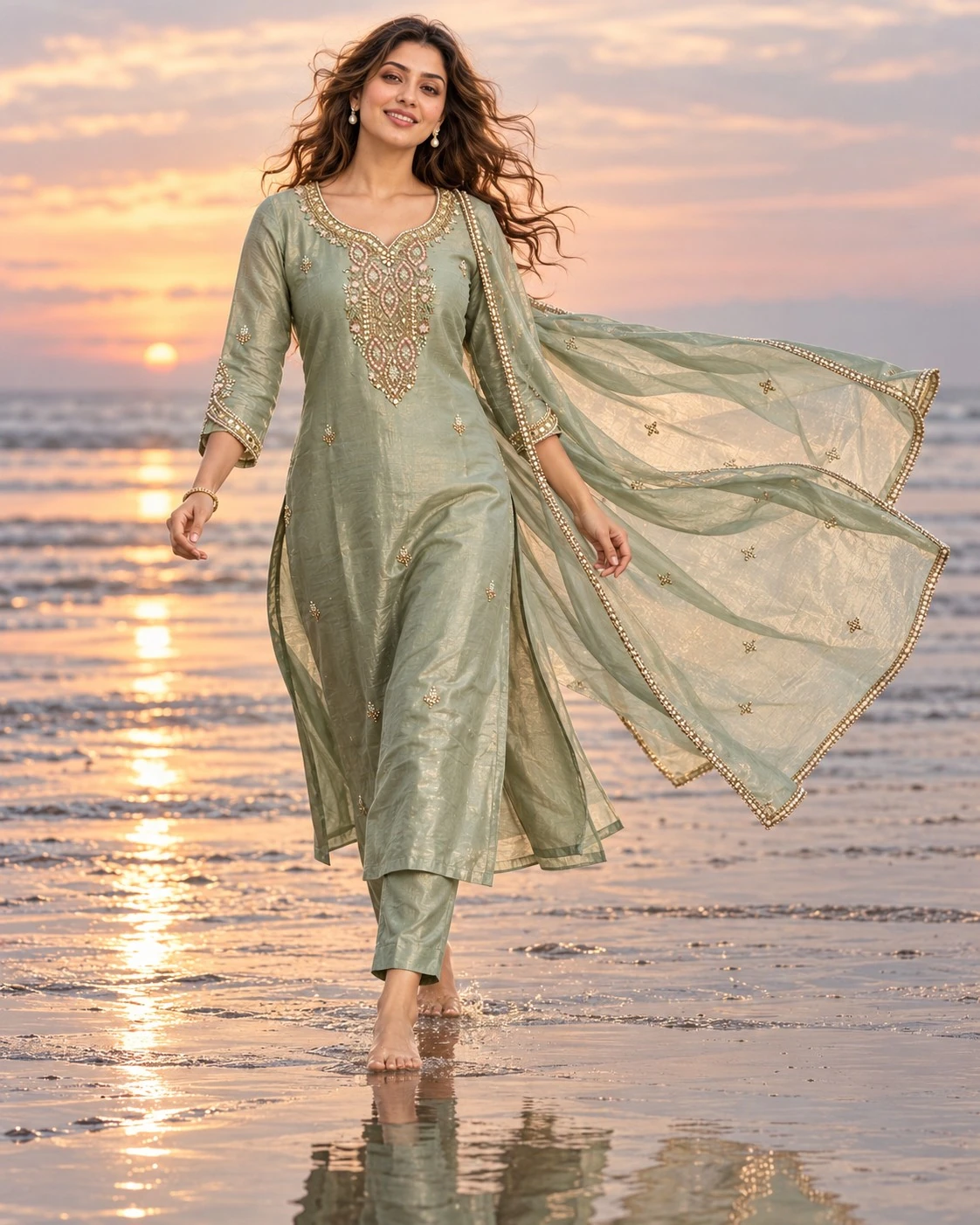 Sage Green Mirror and Pearl Embellished Tissue Kurta Set with Pants and Dupatta — view 2