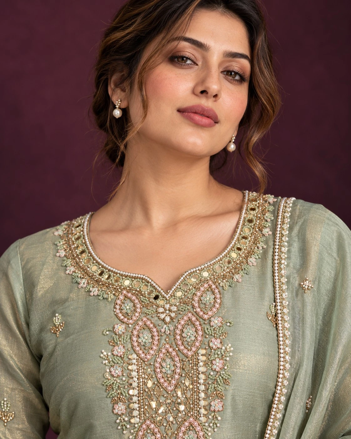 Sage Green Mirror and Pearl Embellished Tissue Kurta Set with Pants and Dupatta — view 3