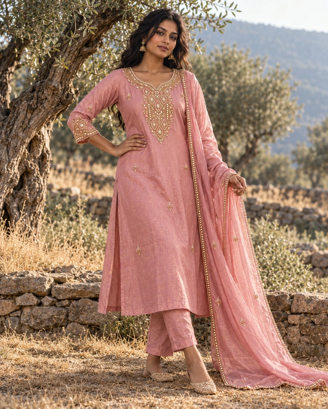 Dusty Rose Mirror and Pearl Embellished Tissue Kurta Set with Pants and Dupatta — view 2