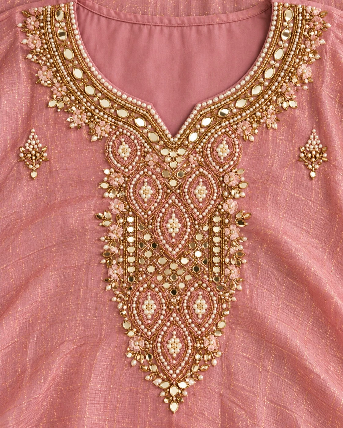 Dusty Rose Mirror and Pearl Embellished Tissue Kurta Set with Pants and Dupatta — view 9