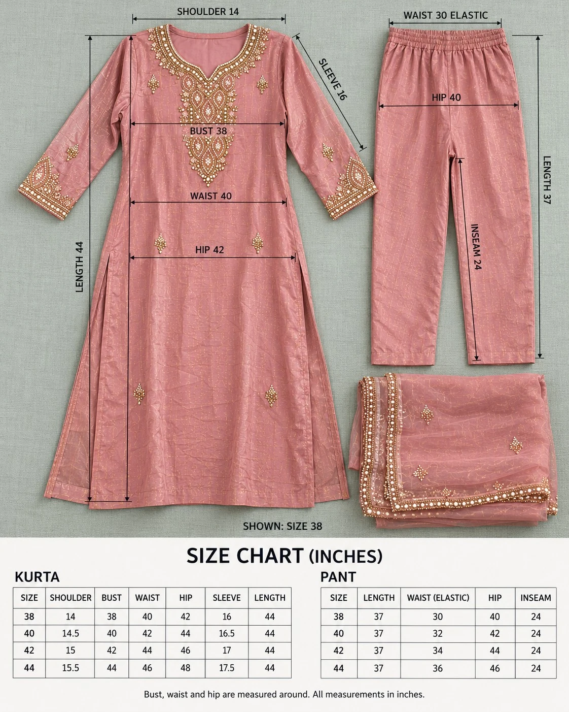 Dusty Rose Mirror and Pearl Embellished Tissue Kurta Set with Pants and Dupatta — view 8