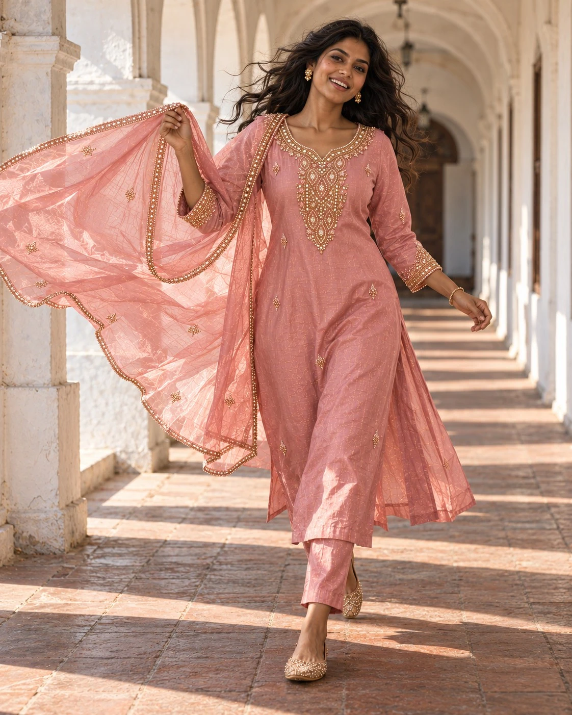 Dusty Rose Mirror and Pearl Embellished Tissue Kurta Set with Pants and Dupatta