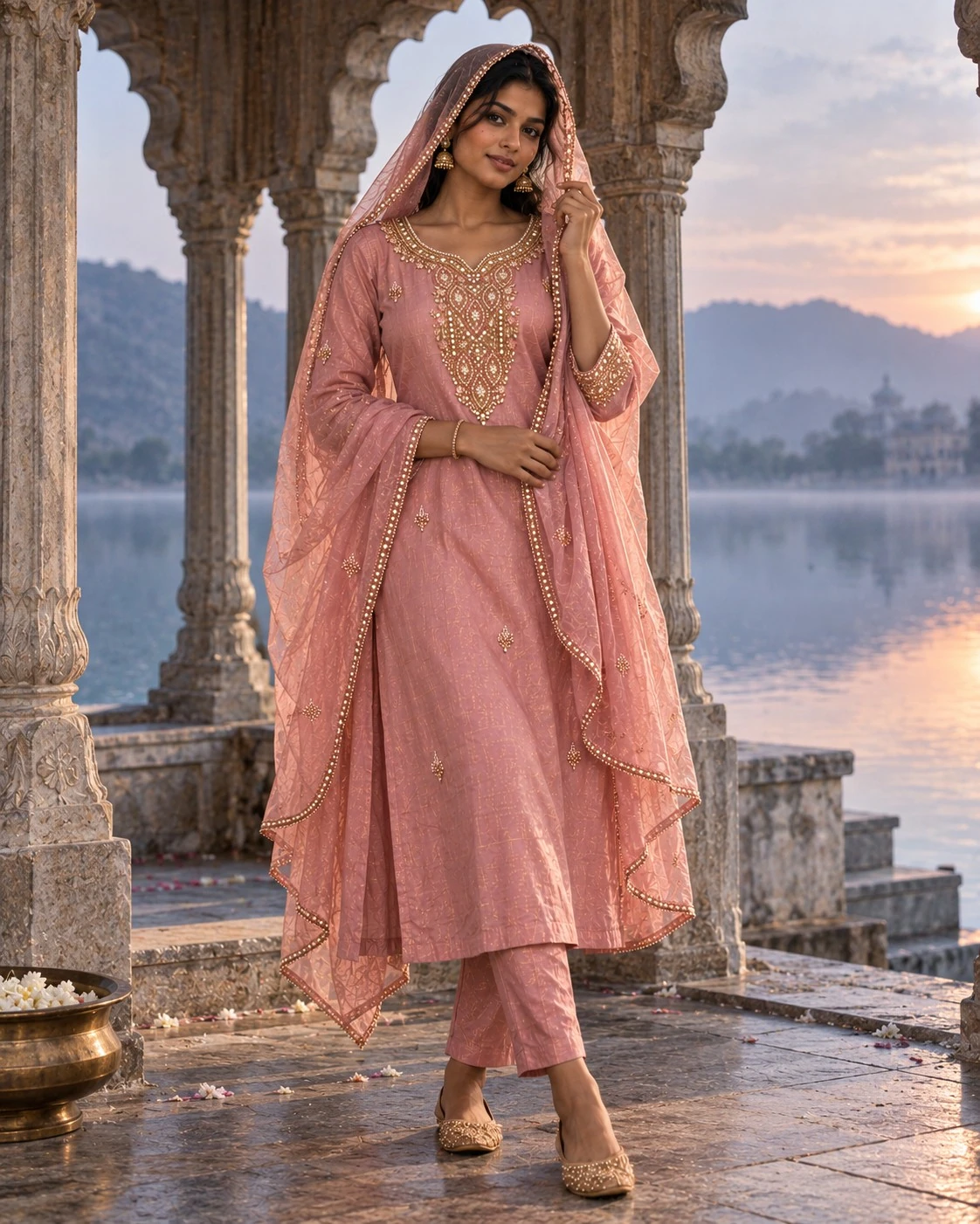 Dusty Rose Mirror and Pearl Embellished Tissue Kurta Set with Pants and Dupatta — view 4