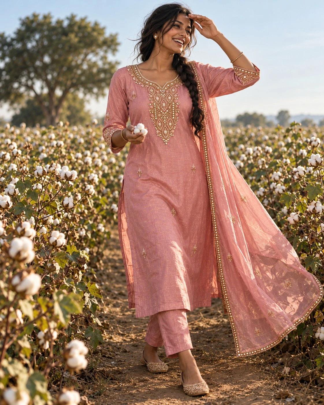 Dusty Rose Mirror and Pearl Embellished Tissue Kurta Set with Pants and Dupatta — view 6