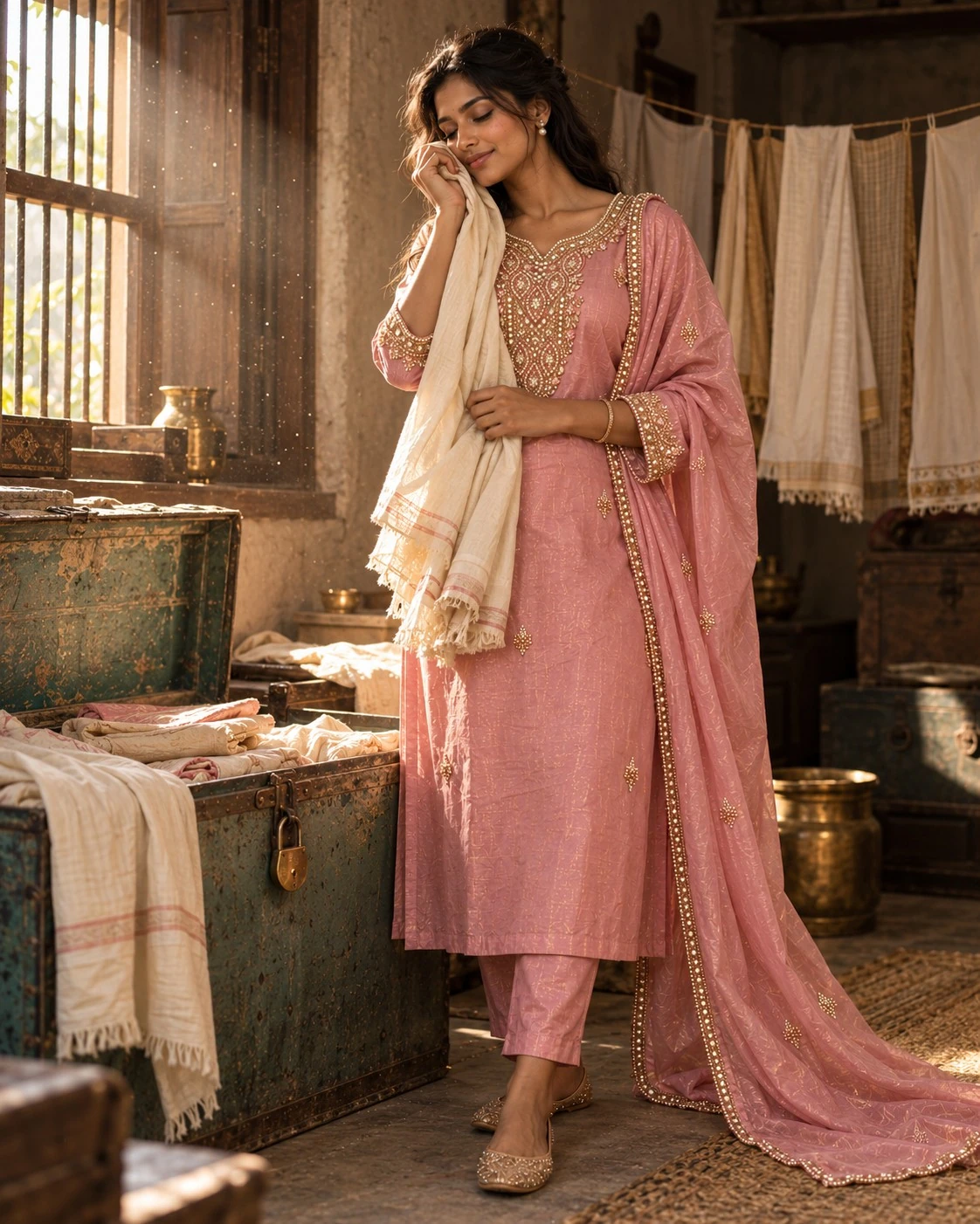 Dusty Rose Mirror and Pearl Embellished Tissue Kurta Set with Pants and Dupatta — view 7