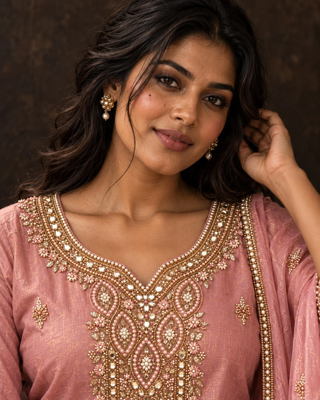 Dusty Rose Mirror and Pearl Embellished Tissue Kurta Set with Pants and Dupatta — view 3