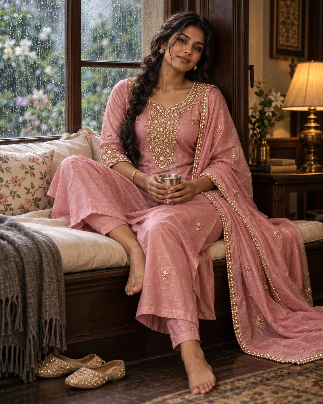 Dusty Rose Mirror and Pearl Embellished Tissue Kurta Set with Pants and Dupatta — view 5