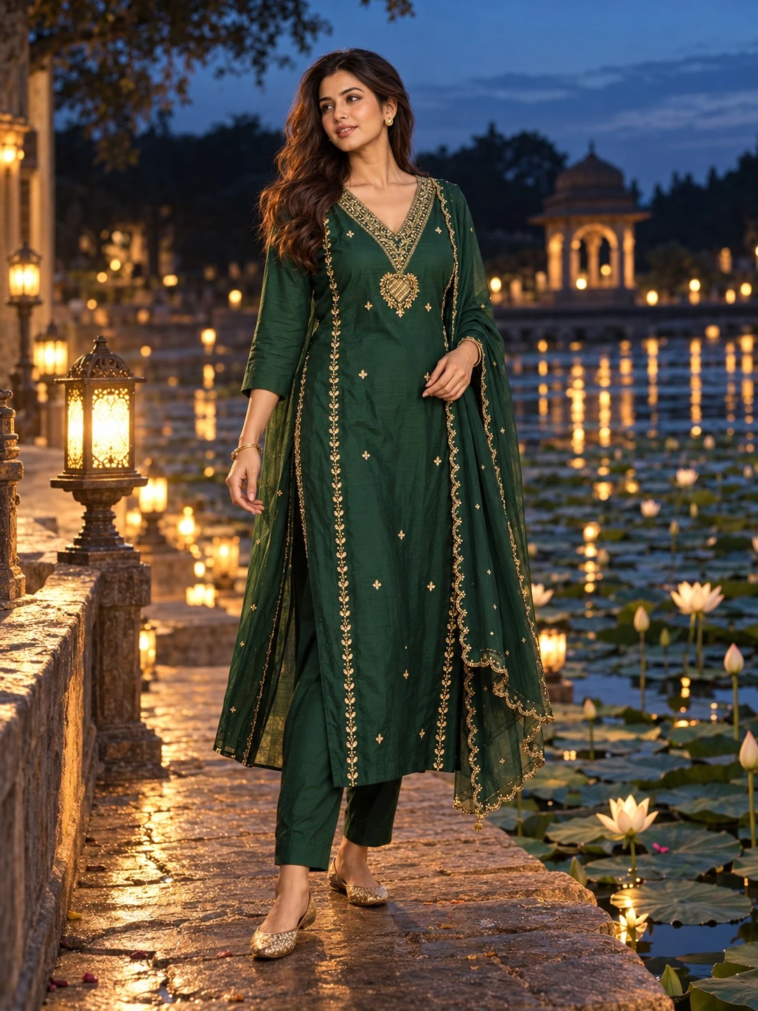 Bottle Green Zari and Pearl Embroidered Dola Silk Kurta Set with Pants and Dupatta
