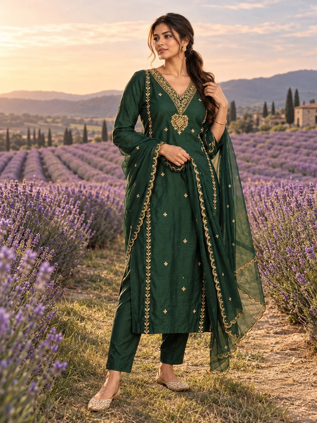 Bottle Green Zari and Pearl Embroidered Dola Silk Kurta Set with Pants and Dupatta — view 4