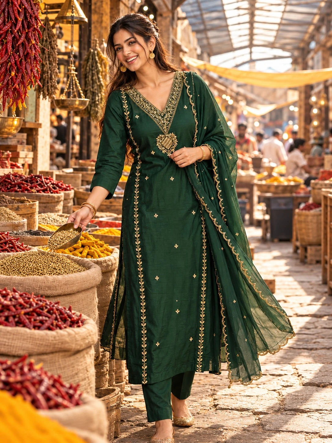 Bottle Green Zari and Pearl Embroidered Dola Silk Kurta Set with Pants and Dupatta — view 5