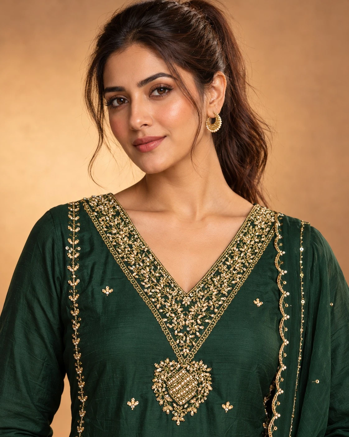 Bottle Green Zari and Pearl Embroidered Dola Silk Kurta Set with Pants and Dupatta — view 2