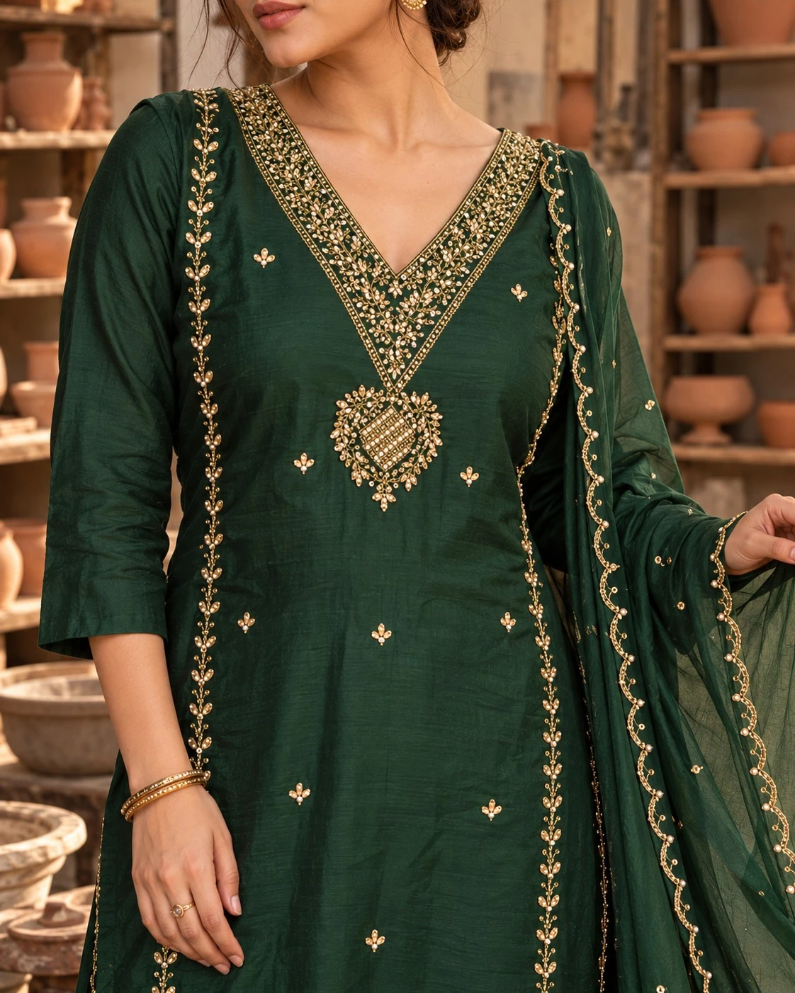 Bottle Green Zari and Pearl Embroidered Dola Silk Kurta Set with Pants and Dupatta — view 6