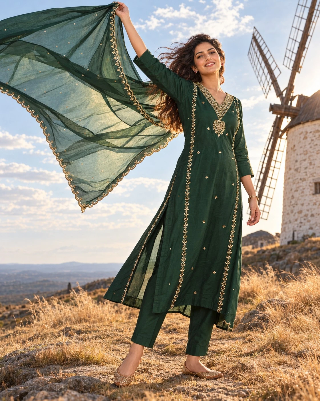 Bottle Green Zari and Pearl Embroidered Dola Silk Kurta Set with Pants and Dupatta — view 7