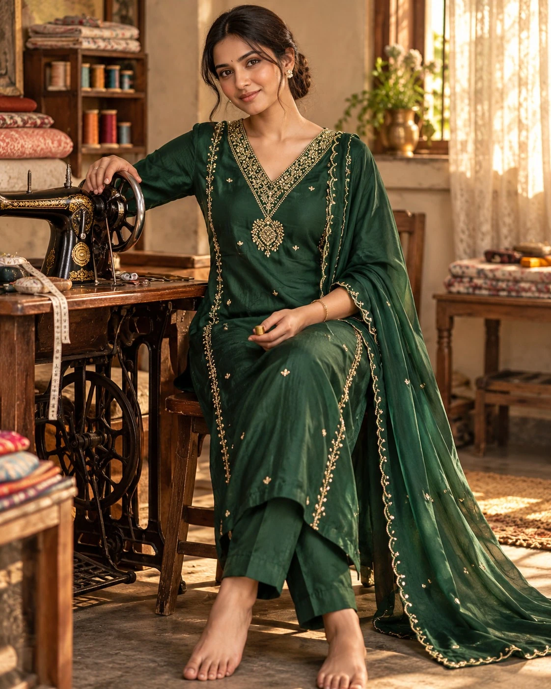 Bottle Green Zari and Pearl Embroidered Dola Silk Kurta Set with Pants and Dupatta — view 3