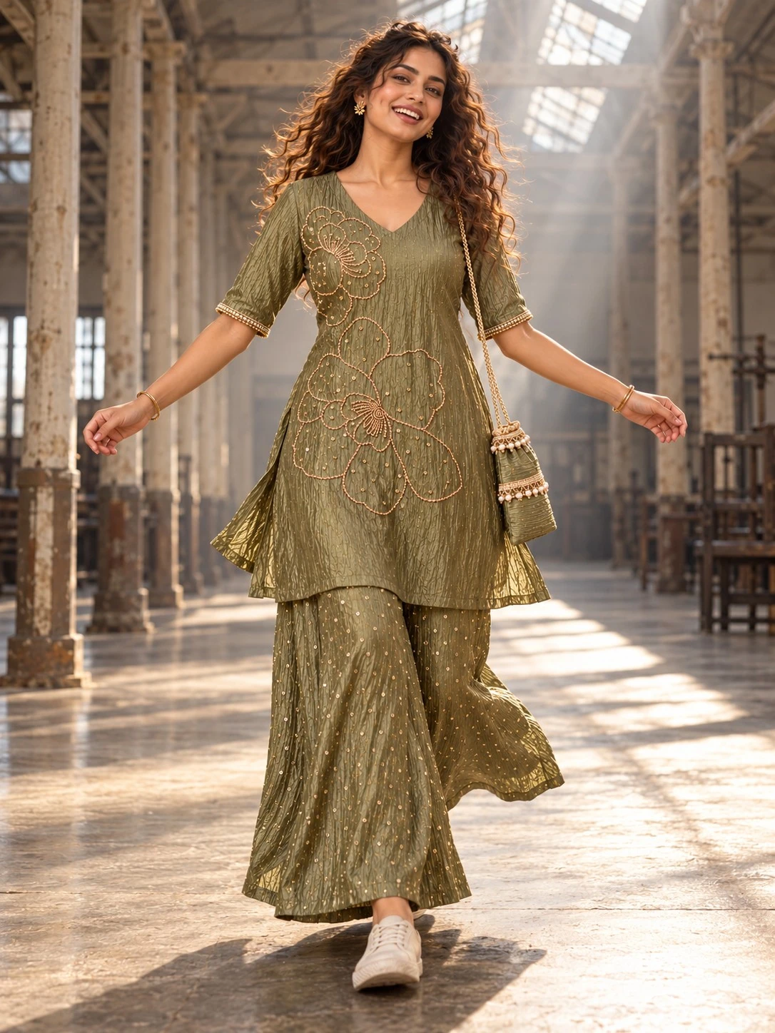 Olive Green Bead & Sequin Floral Embellished Salsha A-Line Kurta Palazzo Set with Potli