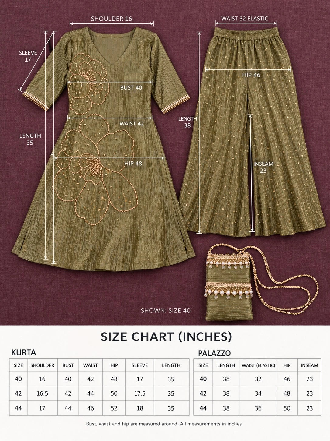 Olive Green Bead & Sequin Floral Embellished Salsha A-Line Kurta Palazzo Set with Potli — view 8