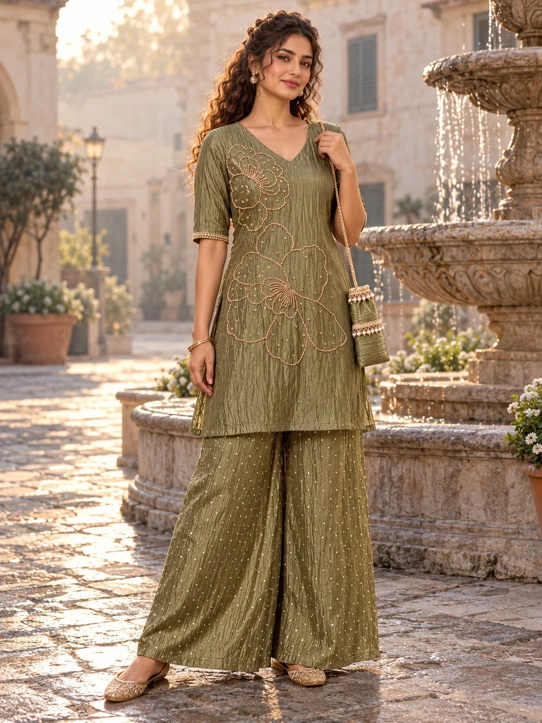 Olive Green Bead & Sequin Floral Embellished Salsha A-Line Kurta Palazzo Set with Potli — view 4