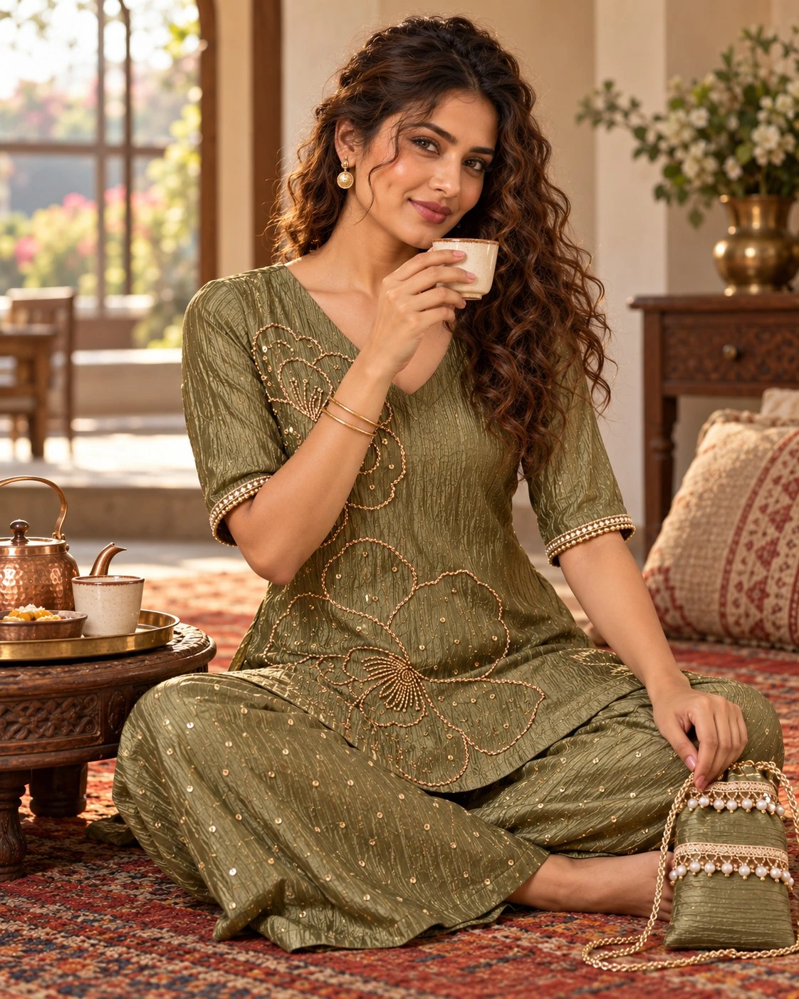 Olive Green Bead & Sequin Floral Embellished Salsha A-Line Kurta Palazzo Set with Potli — view 6