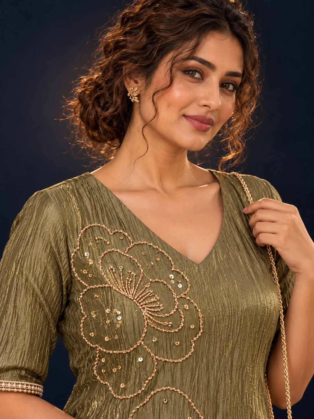 Olive Green Bead & Sequin Floral Embellished Salsha A-Line Kurta Palazzo Set with Potli — view 2