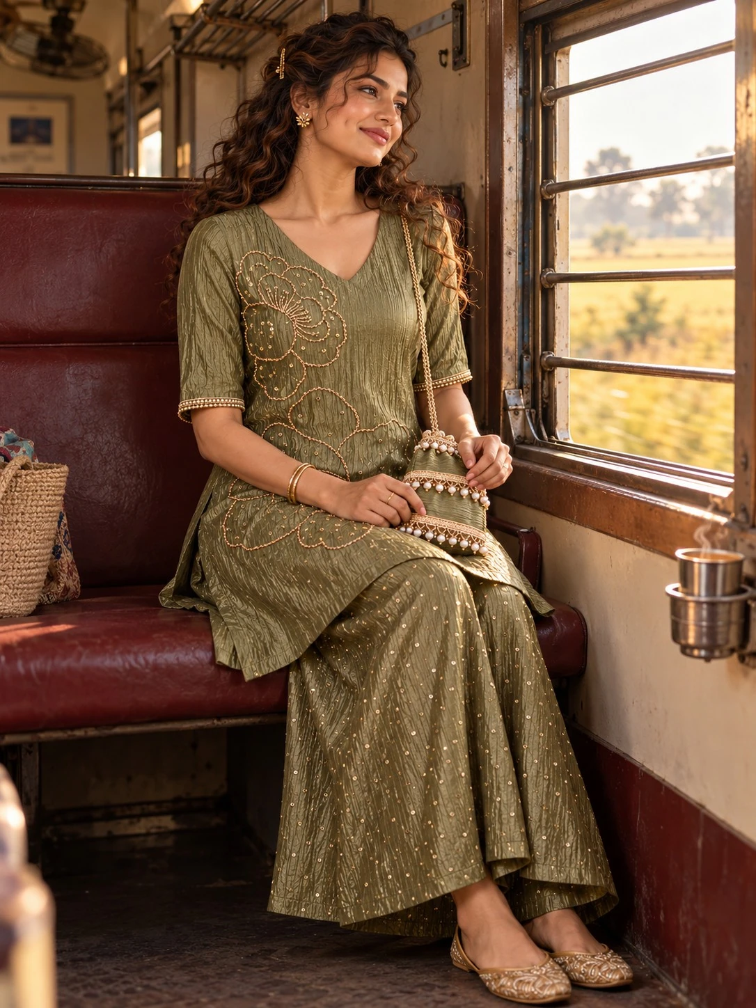 Olive Green Bead & Sequin Floral Embellished Salsha A-Line Kurta Palazzo Set with Potli — view 7