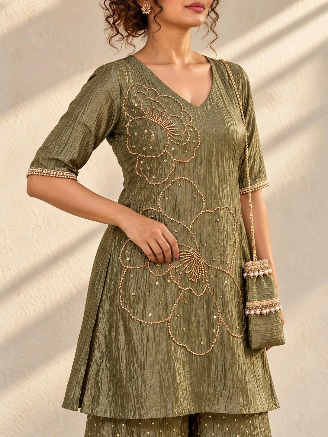 Olive Green Bead & Sequin Floral Embellished Salsha A-Line Kurta Palazzo Set with Potli — view 3