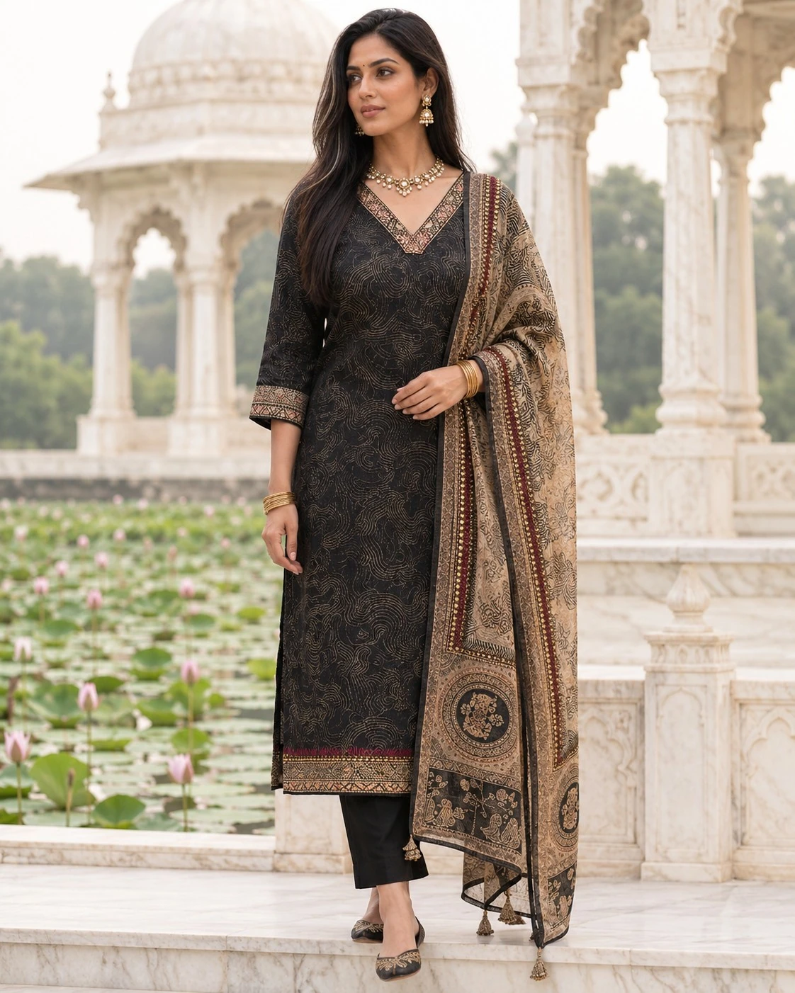 Black Gold Neck & Hem Sequin Embroidered Pure Linen Kurta Pant Set with Embroidered Dupatta