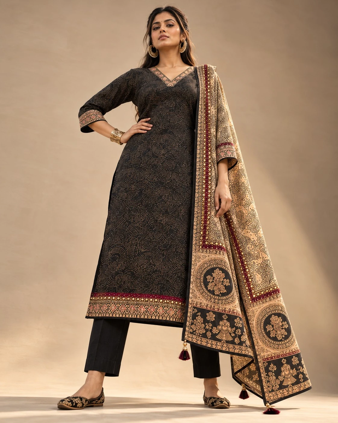 Black Gold Neck & Hem Sequin Embroidered Pure Linen Kurta Pant Set with Embroidered Dupatta — view 5