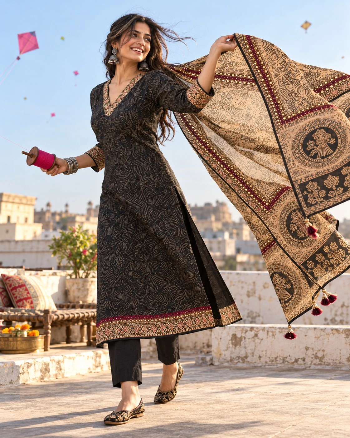 Black Gold Neck & Hem Sequin Embroidered Pure Linen Kurta Pant Set with Embroidered Dupatta — view 7