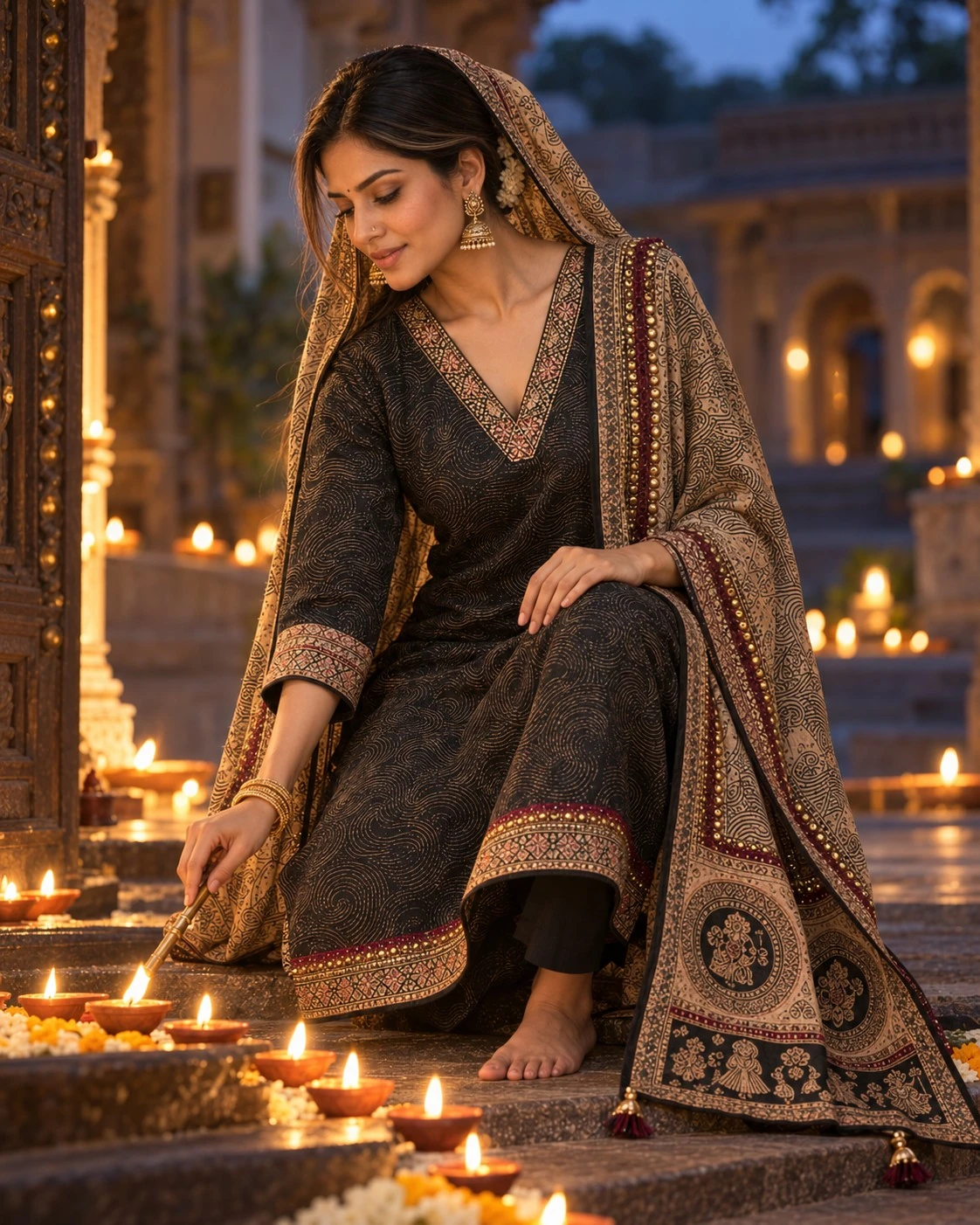 Black Gold Neck & Hem Sequin Embroidered Pure Linen Kurta Pant Set with Embroidered Dupatta — view 3