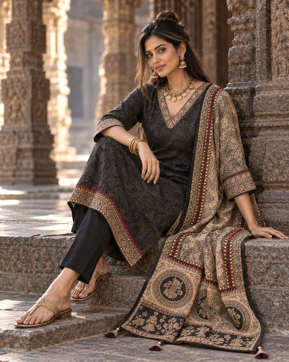 Black Gold Neck & Hem Sequin Embroidered Pure Linen Kurta Pant Set with Embroidered Dupatta — view 4