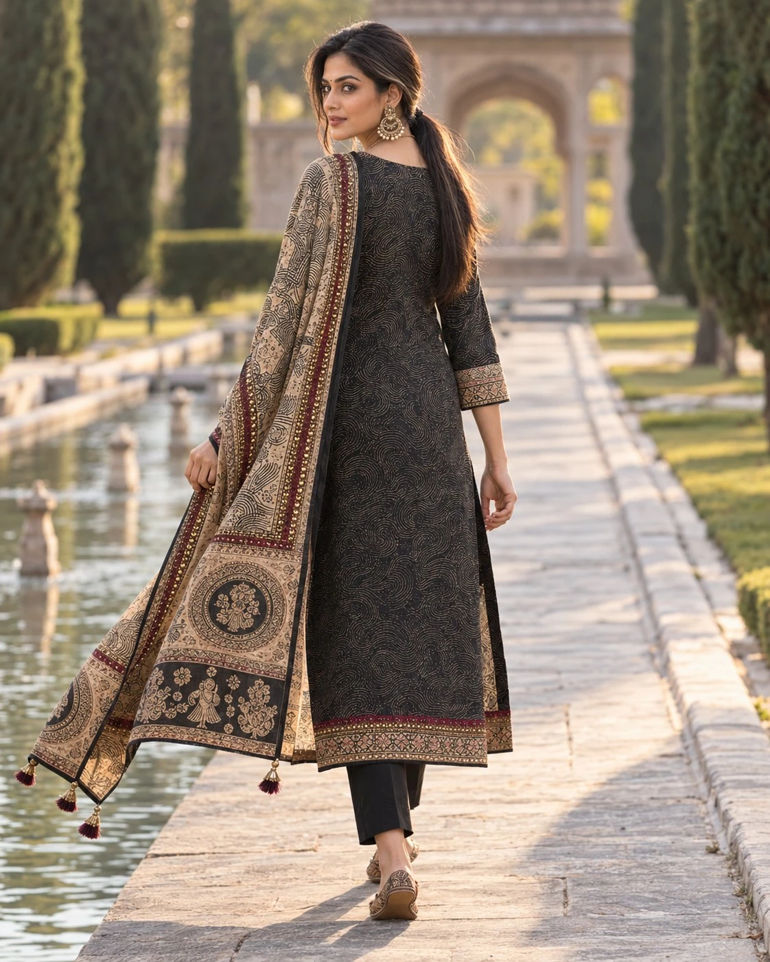 Black Gold Neck & Hem Sequin Embroidered Pure Linen Kurta Pant Set with Embroidered Dupatta — view 6