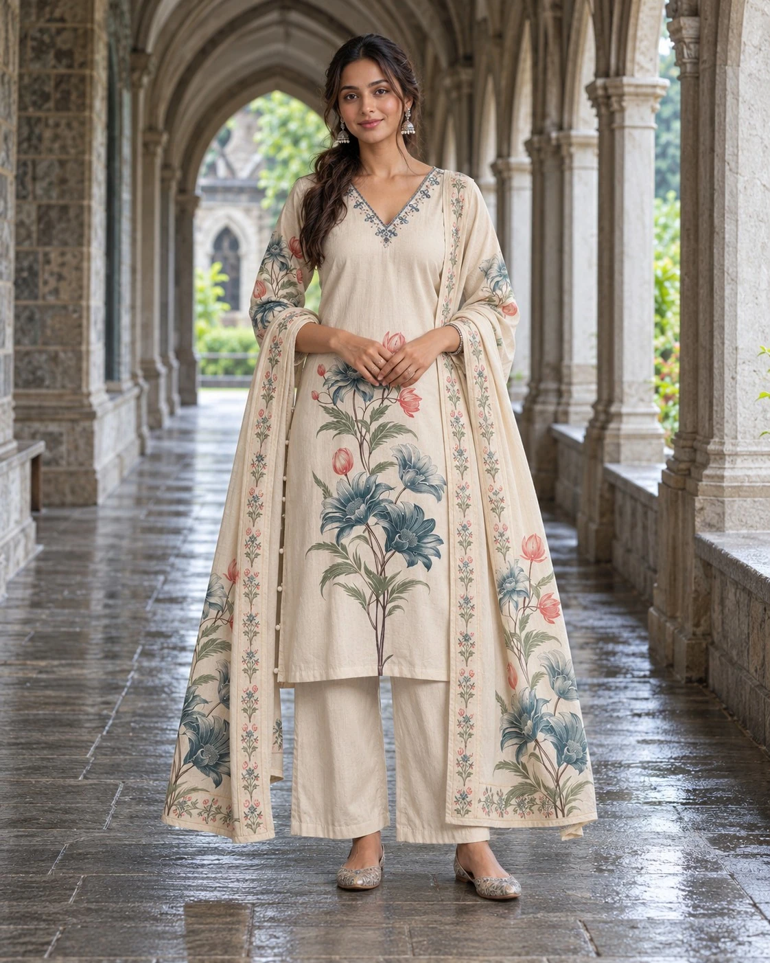 Cream Floral Print Neck Embroidered Cotton Flex Kurta Palazzo Set with Dupatta