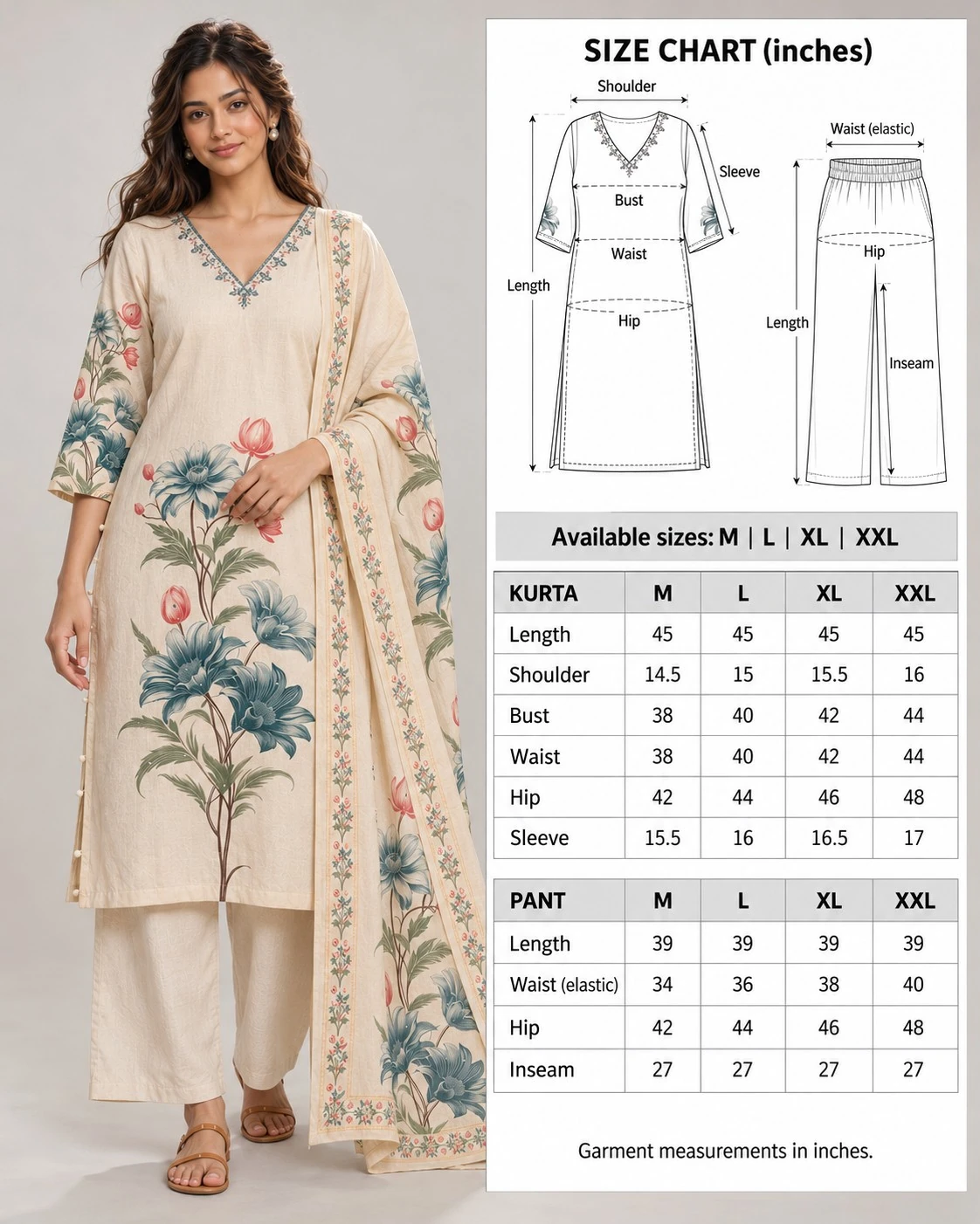 Cream Floral Print Neck Embroidered Cotton Flex Kurta Palazzo Set with Dupatta — view 9