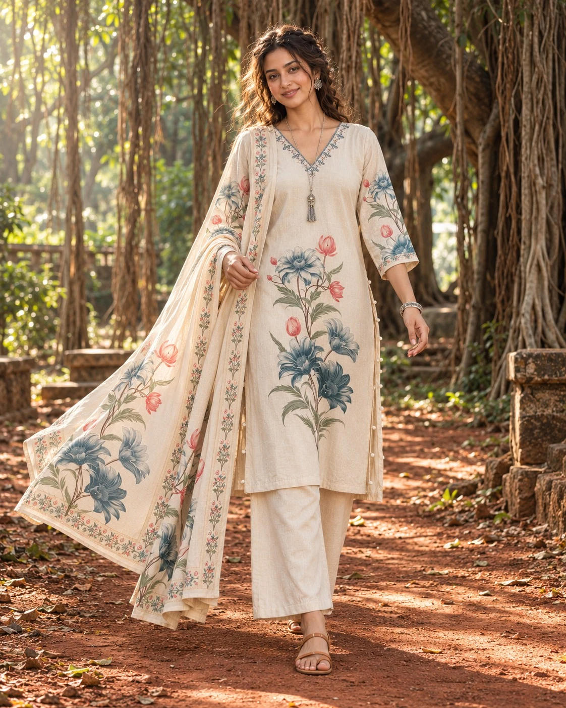 Cream Floral Print Neck Embroidered Cotton Flex Kurta Palazzo Set with Dupatta — view 3