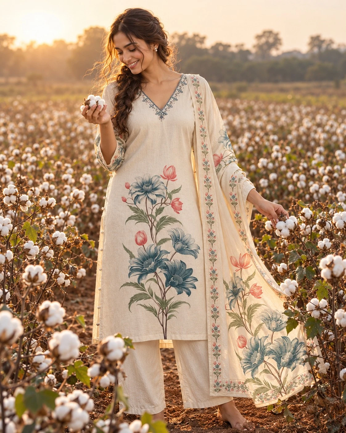 Cream Floral Print Neck Embroidered Cotton Flex Kurta Palazzo Set with Dupatta — view 4