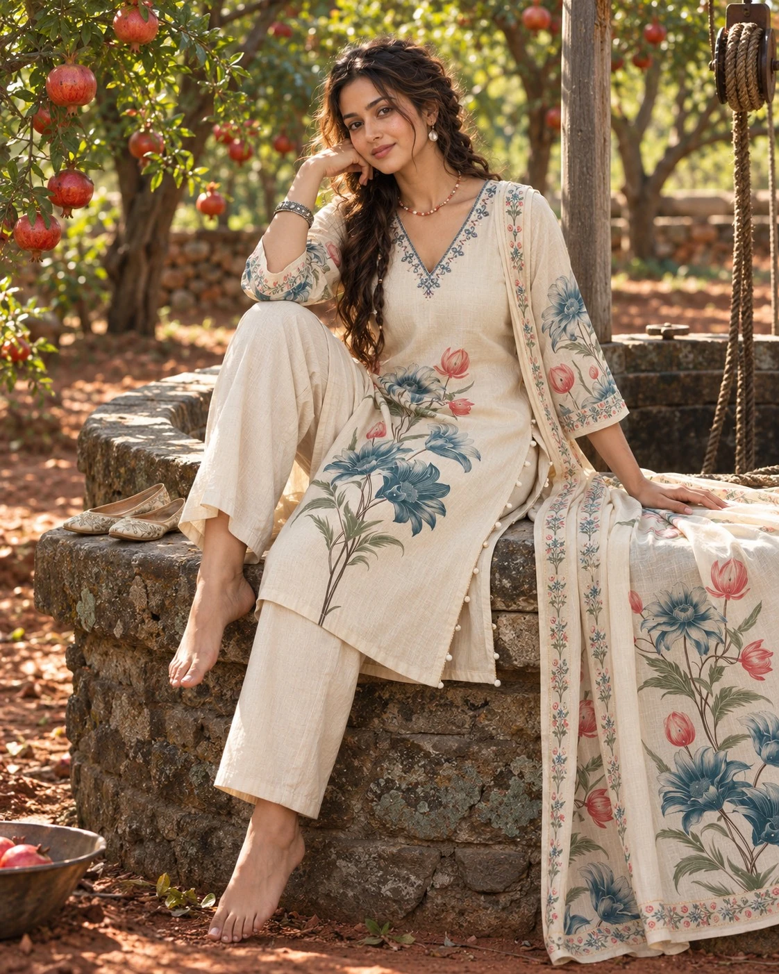 Cream Floral Print Neck Embroidered Cotton Flex Kurta Palazzo Set with Dupatta — view 7