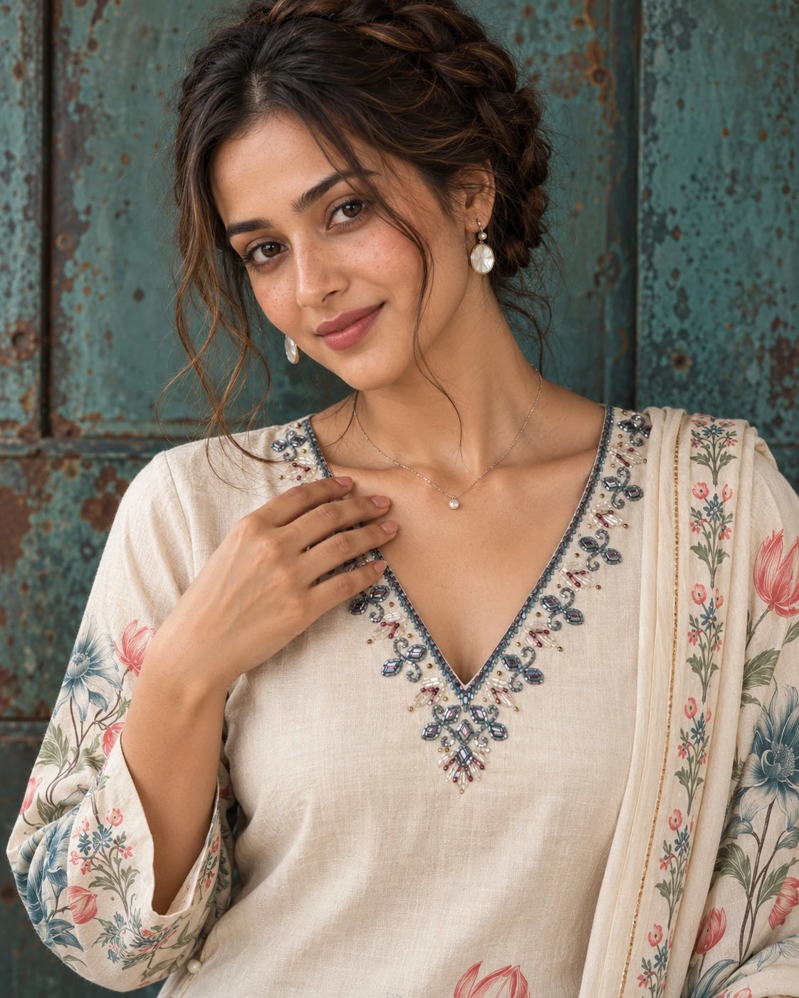 Cream Floral Print Neck Embroidered Cotton Flex Kurta Palazzo Set with Dupatta — view 2
