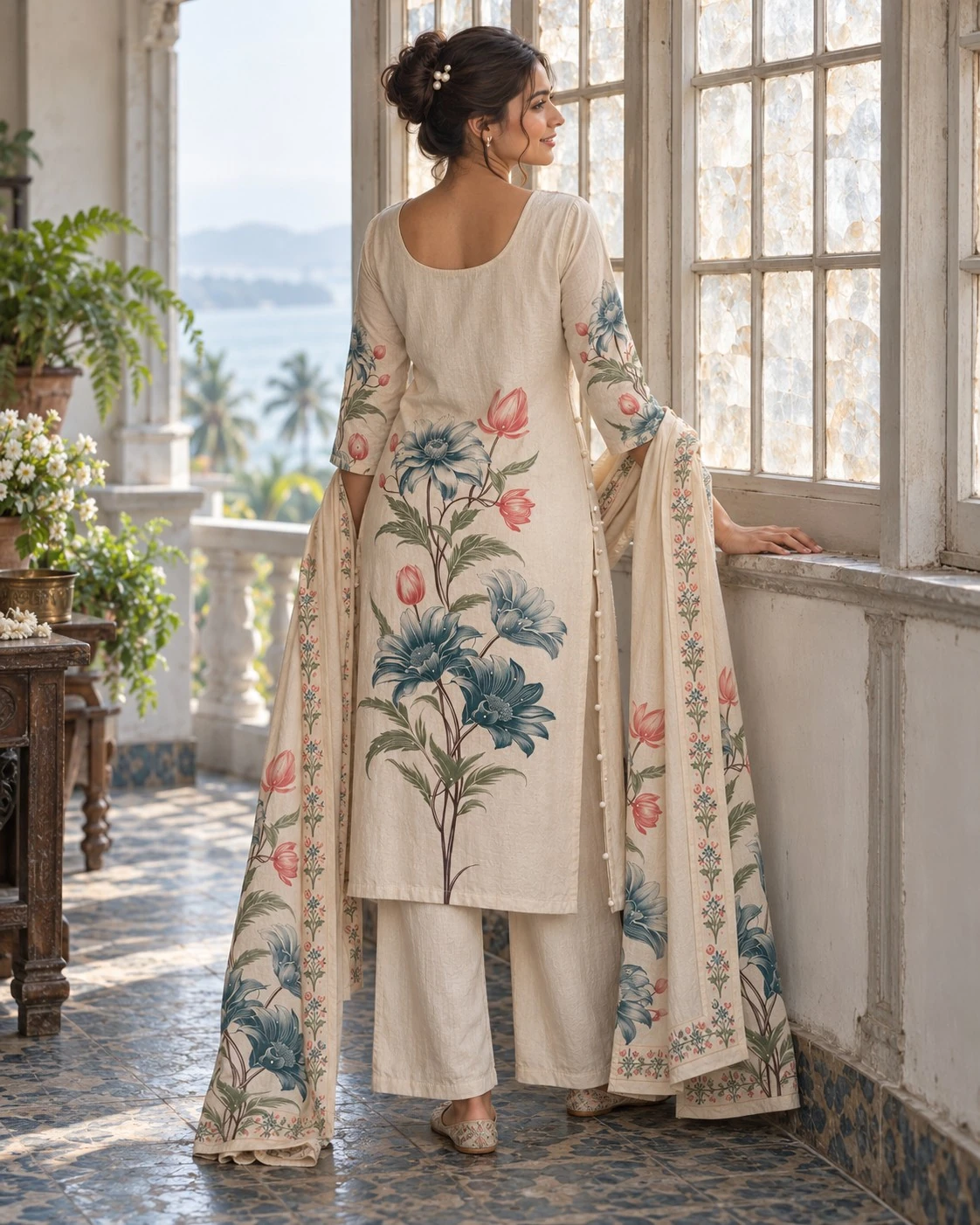Cream Floral Print Neck Embroidered Cotton Flex Kurta Palazzo Set with Dupatta — view 6