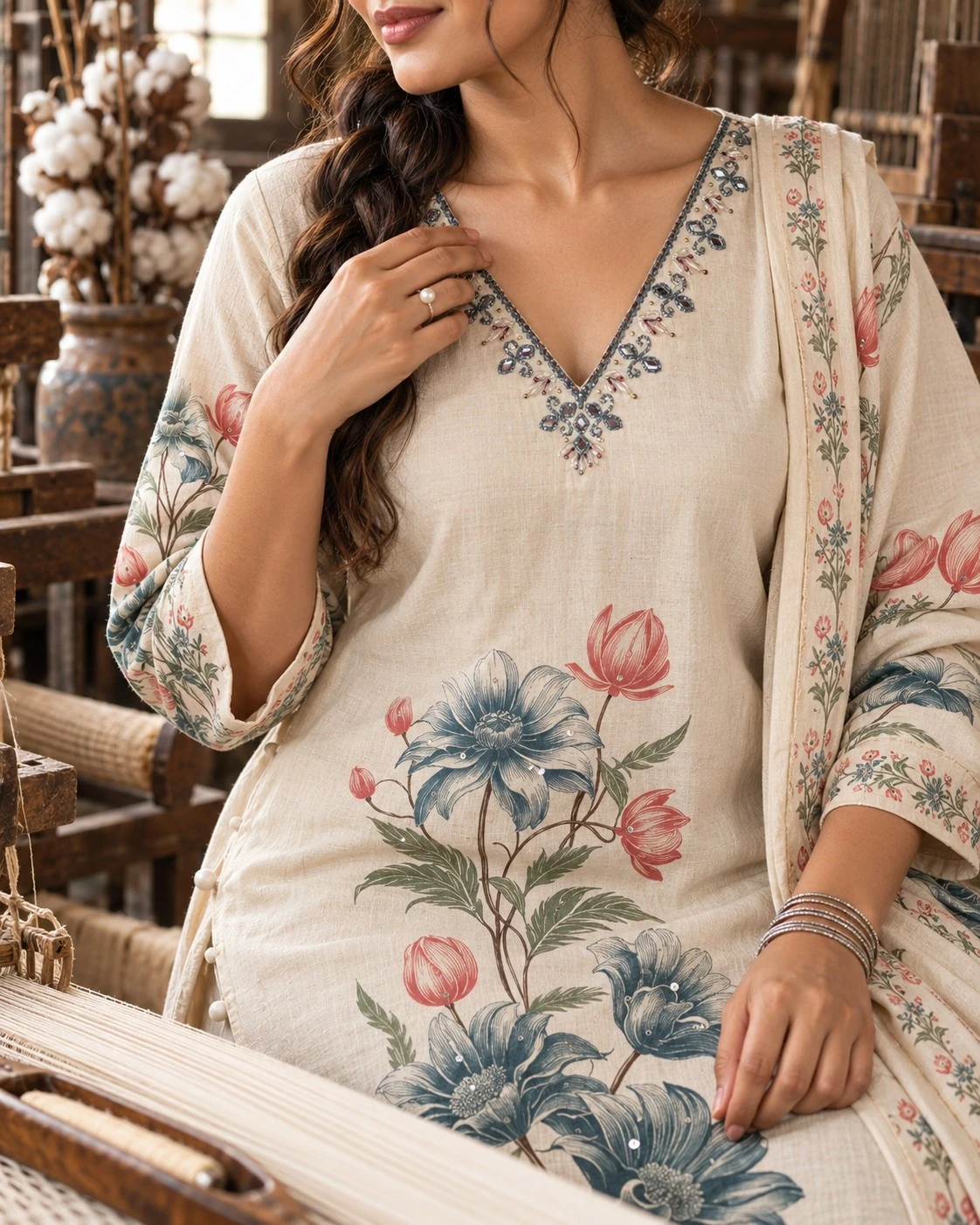 Cream Floral Print Neck Embroidered Cotton Flex Kurta Palazzo Set with Dupatta — view 8