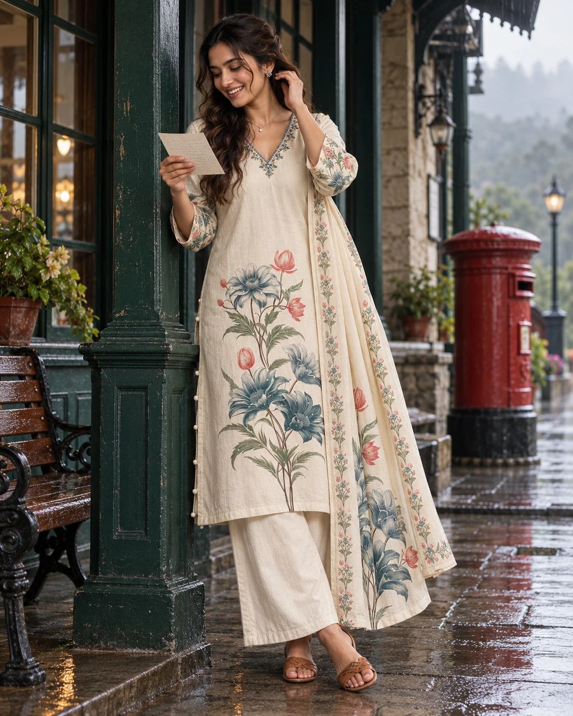 Cream Floral Print Neck Embroidered Cotton Flex Kurta Palazzo Set with Dupatta — view 5