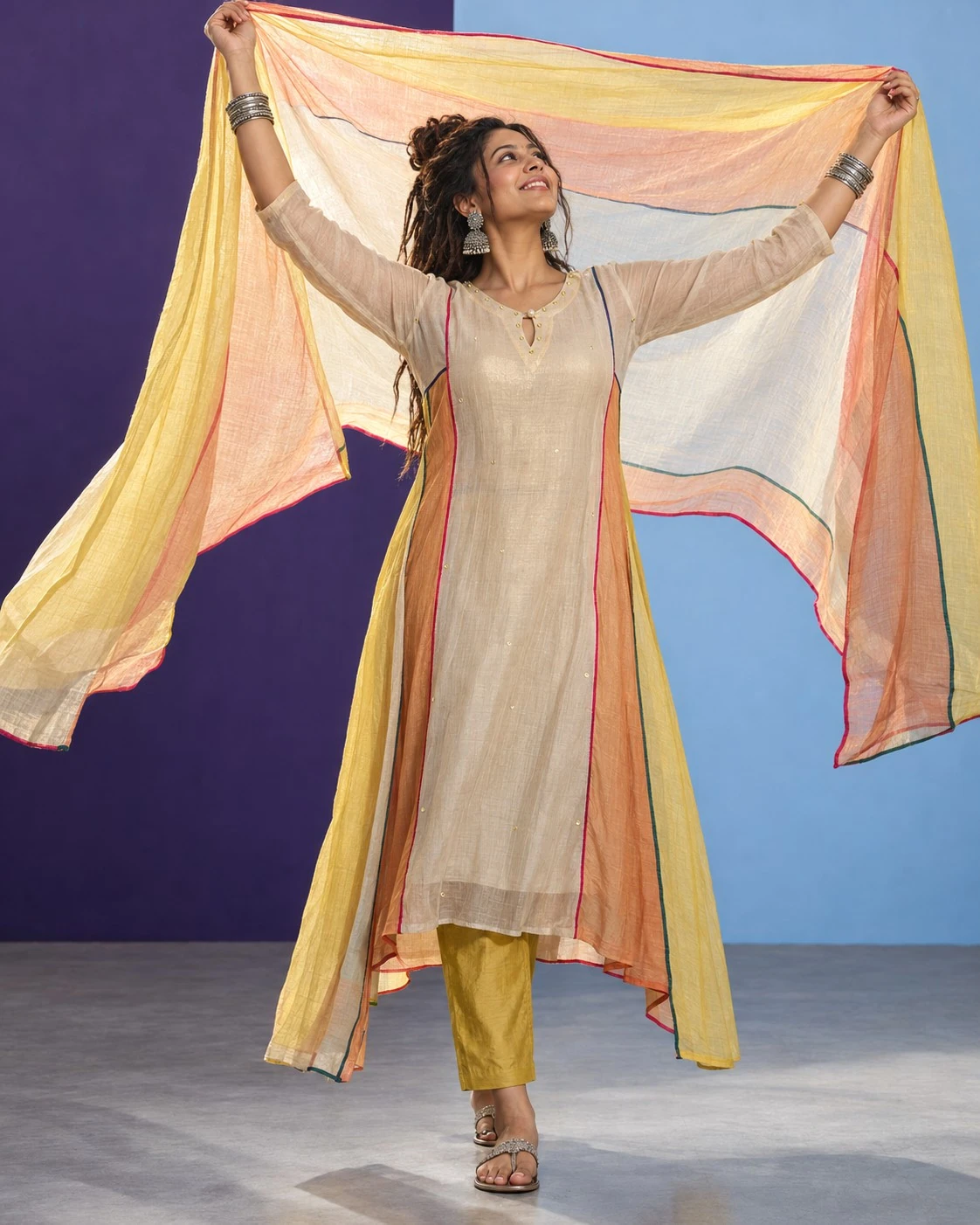 Beige Pearl, Bead & Sequin Neck Embroidered Mul Chanderi A-Line Kurta Pant Set with Mul Cotton Dupatta