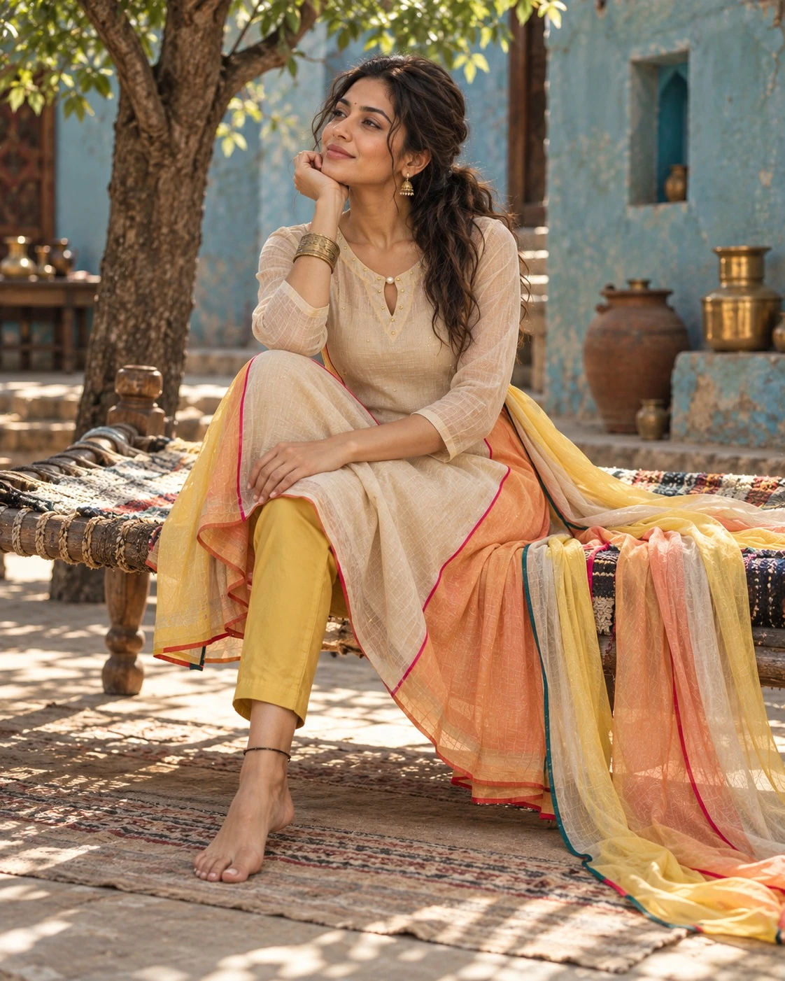 Beige Pearl, Bead & Sequin Neck Embroidered Mul Chanderi A-Line Kurta Pant Set with Mul Cotton Dupatta — view 6