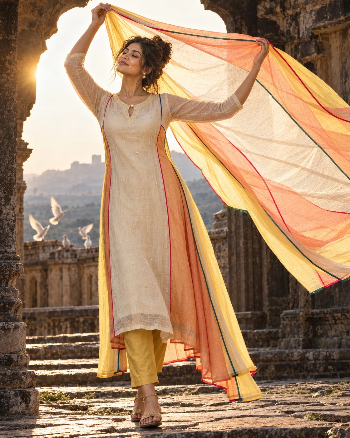 Beige Pearl, Bead & Sequin Neck Embroidered Mul Chanderi A-Line Kurta Pant Set with Mul Cotton Dupatta — view 4
