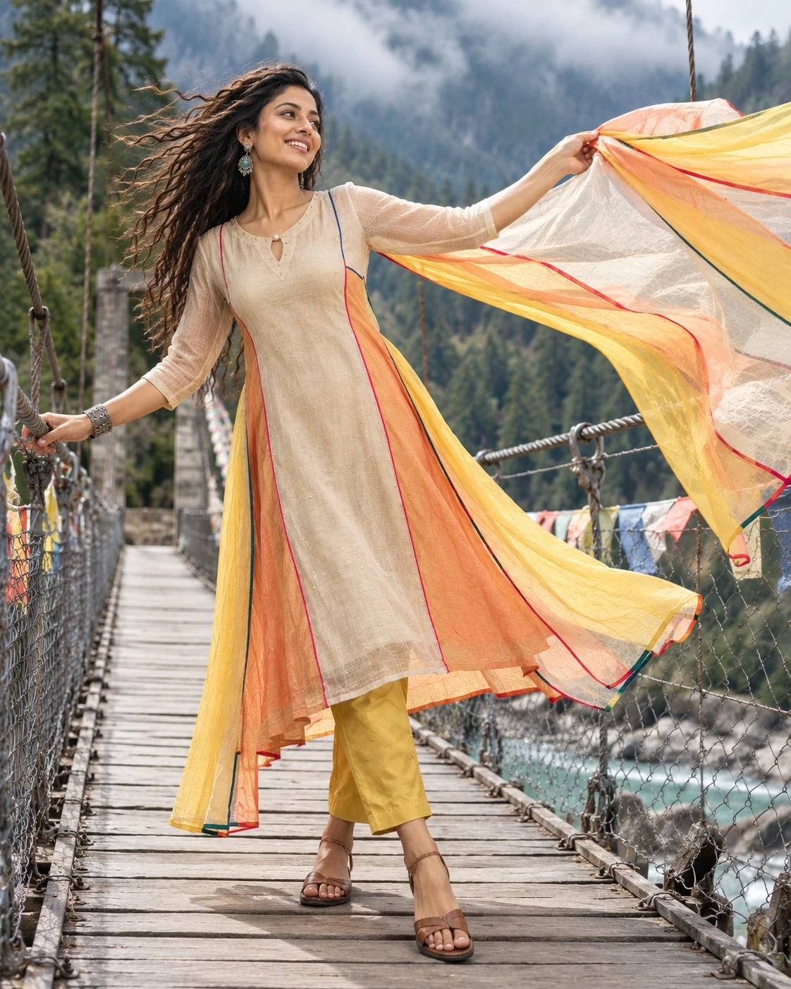 Beige Pearl, Bead & Sequin Neck Embroidered Mul Chanderi A-Line Kurta Pant Set with Mul Cotton Dupatta — view 8