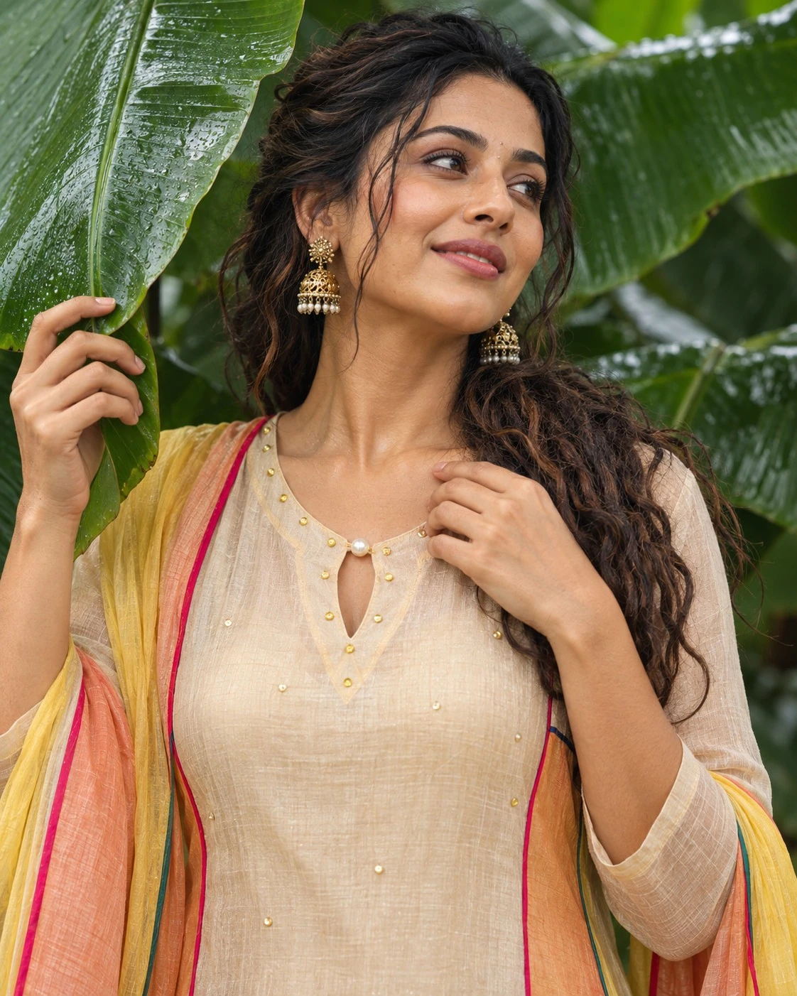Beige Pearl, Bead & Sequin Neck Embroidered Mul Chanderi A-Line Kurta Pant Set with Mul Cotton Dupatta — view 3